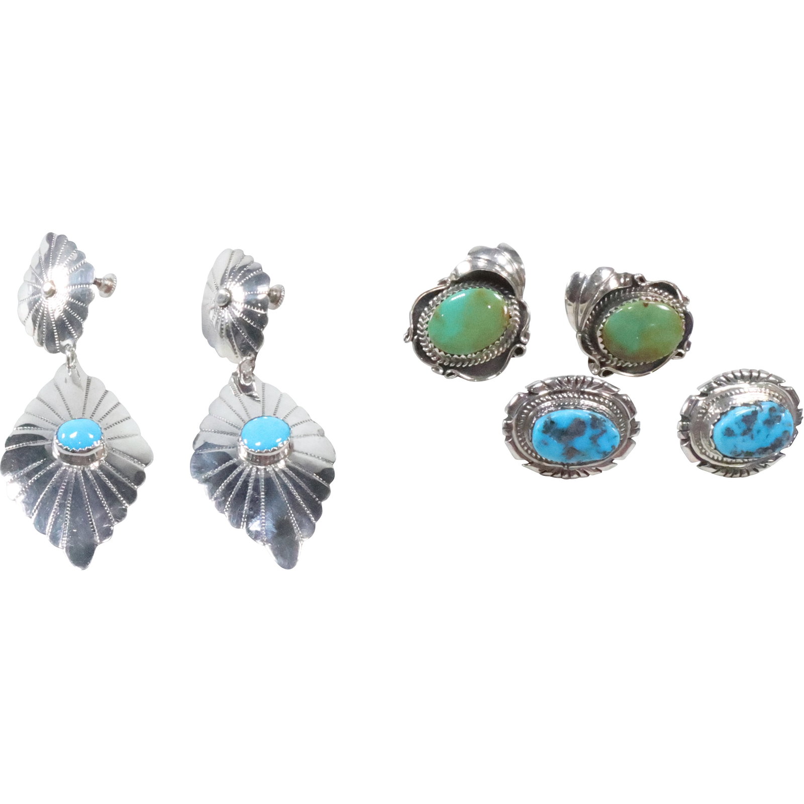 [3 Pair] American Indian JON McCRAY Sterling and Turquoise Earrings: [3 Pair] American Indian JON McCRAY Sterling and Turquoise Earrings. screwbacks 7/8 in. x 3/4 in. ; sterling and turquoise Navajo 1 in. x 7/8 in. and 2-part sterling and turquoise Navajo screw backs 2