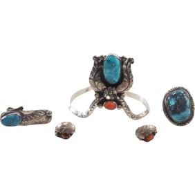 Sterling Silver Unsigned Native American Indian Navajo Cuff Bracelet with Turquoise and Coral,