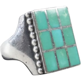 Native American Indian "B" BILLY SLIM Navajo Sterling and Turquoise Heavy Ring Size 9.5