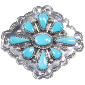 Native American Indian Sterling Silver and Turquoise Pin W. DENETDALE Navaho 2 1/8 in. x 2 in.