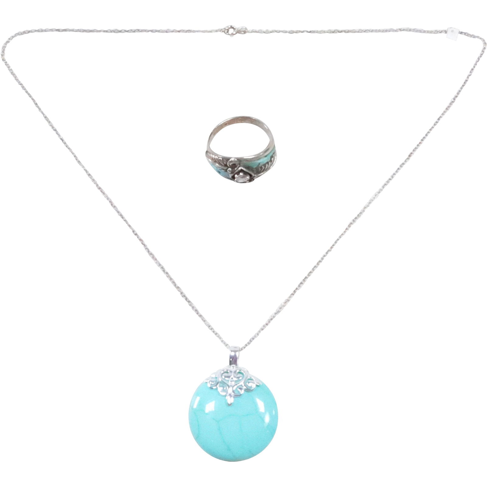 CP Carolyn Pollack Sterling Silver CZ Ring Size 9.5 ; JC .925 Sterling Turquoise Pendant Necklace (1 of 20)