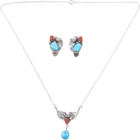 Native American Indian Sterling Silver "RB" RICHARD BEGAY Navajo Turquoise & Coral Pendant