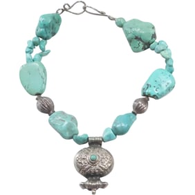 Heavy Turquoise Chunky Necklace  14 in. x 2 in. x 1 1/4 in.