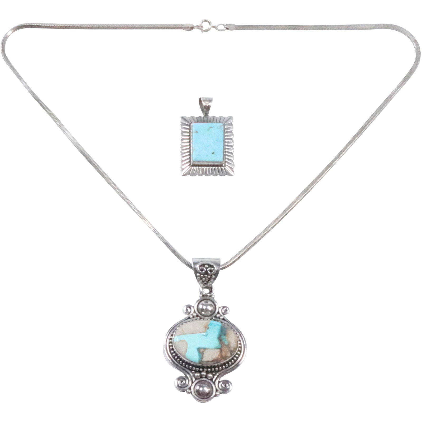 Native American Indian QT Sterling Pendant with Turquoise, Albuquerque Quoc Turquoise Inc.,: Native American Indian QT Sterling Pendant with Turquoise, Albuquerque Quoc Turquoise Inc. 1 3/8 in. x 1 7/8 in.; .925 Sterling Silver BNY with Turquoise BEN YAZZIE Pendant Necklace on .925 Sterling 1
