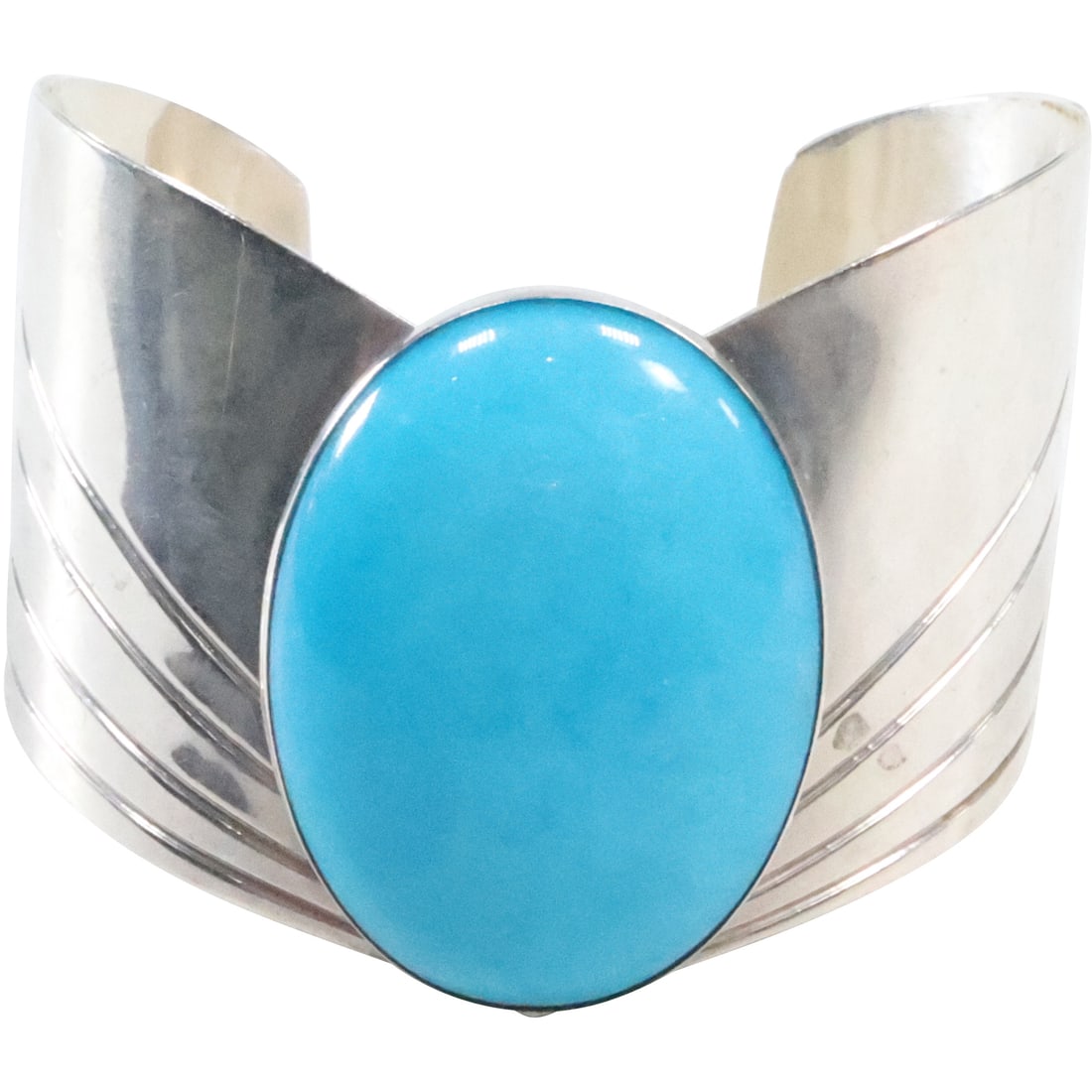"A' Sterling Silver ANNIE CHAPO Navajo Large Turquoise Stone Wide Feather Cuff Bracelet (1 of 15)