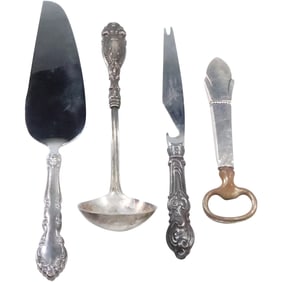 4 Assorted Sterling Silver Handled Utensils: Cake Server, Ladle, Bottle Opener, Meat Fork