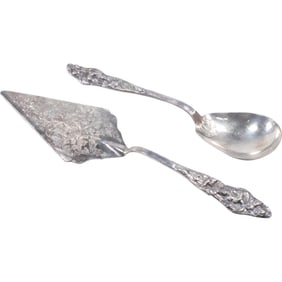 [2] Fancy Art Nouveau Style Silver Plate Pie Server Utensil & Large Serving Spoon