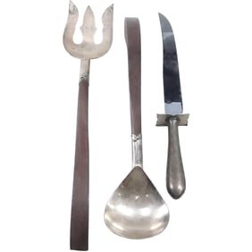 [3] Sterling Silver with Teak Wood Mexico DF Serving Spoon & Fork; Sterling Handled Serving Knife