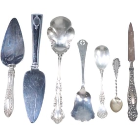 7 Assorted Sterling Silver & Sterling Handled : 2 Pie Servers, 2 Serving Spoons, 2 Sm. Spoons, File