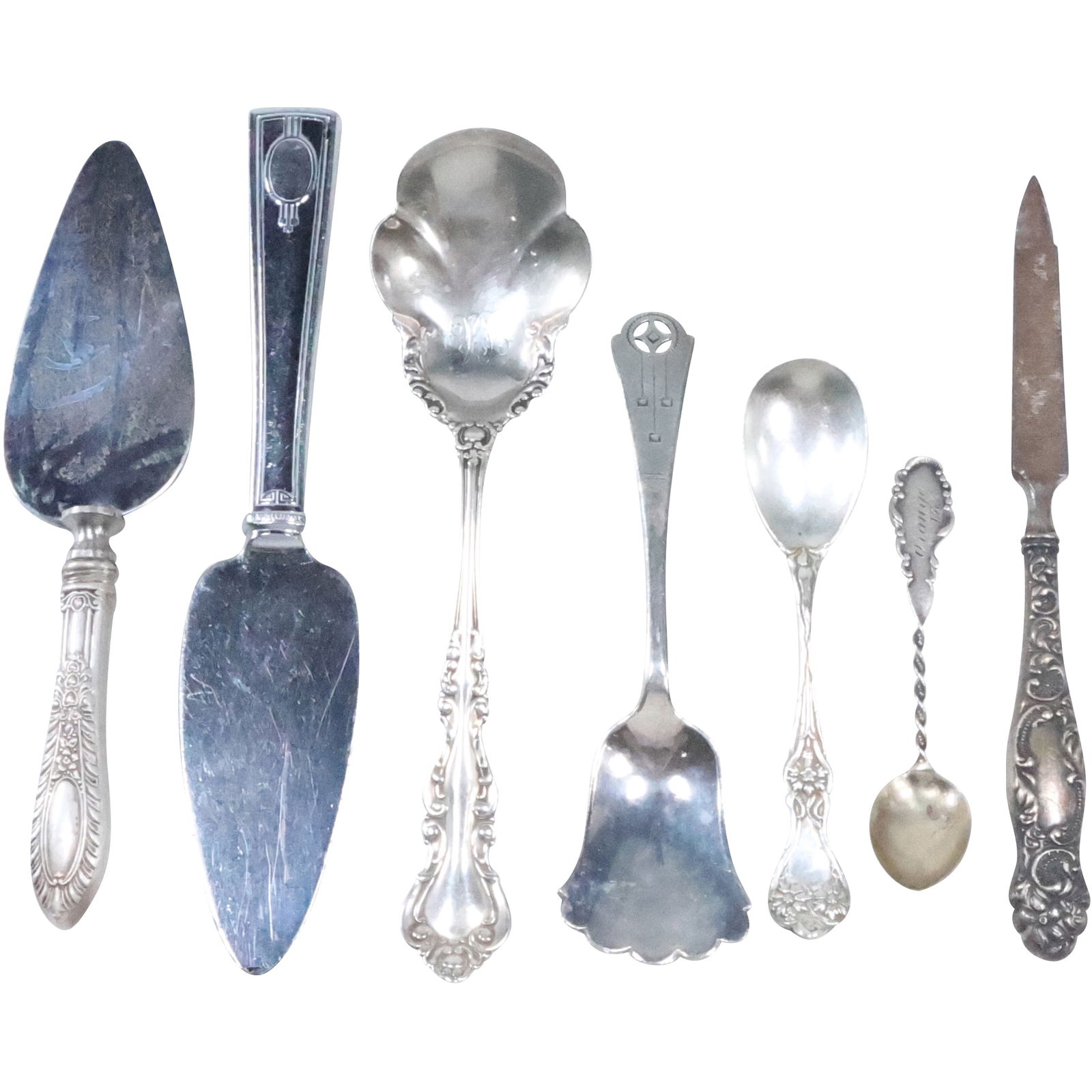 7 Assorted Sterling Silver & Sterling Handled : 2 Pie Servers, 2 Serving Spoons, 2 Sm. Spoons, File (1 of 20)