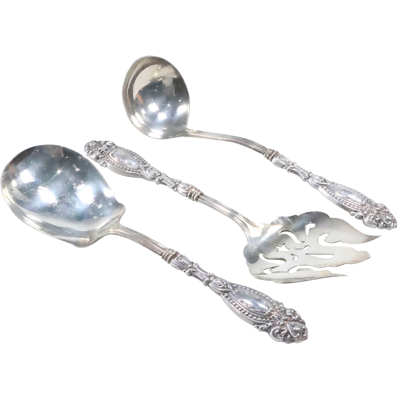 3-Piece Set Fancy Sterling Silver Handles Serving Utensils: Ladle, Spoon, Fork 8 1/2 in. ea. (1 of 20)