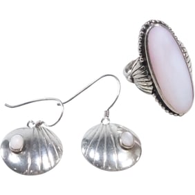 Native American Indian Navajo Sterling Silver MOP Ring & Button Design Dangle Earrings