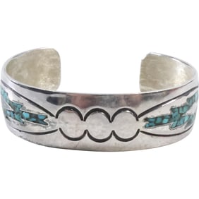 Native American Indian Navajo Sterling Silver Cuff Bracelet with a Turquoise Mosaic Design