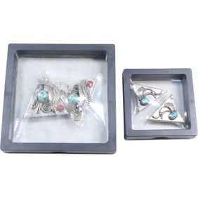 Two Sets of Native American Sterling Silver Turquoise Collar Clips in Different Sizes