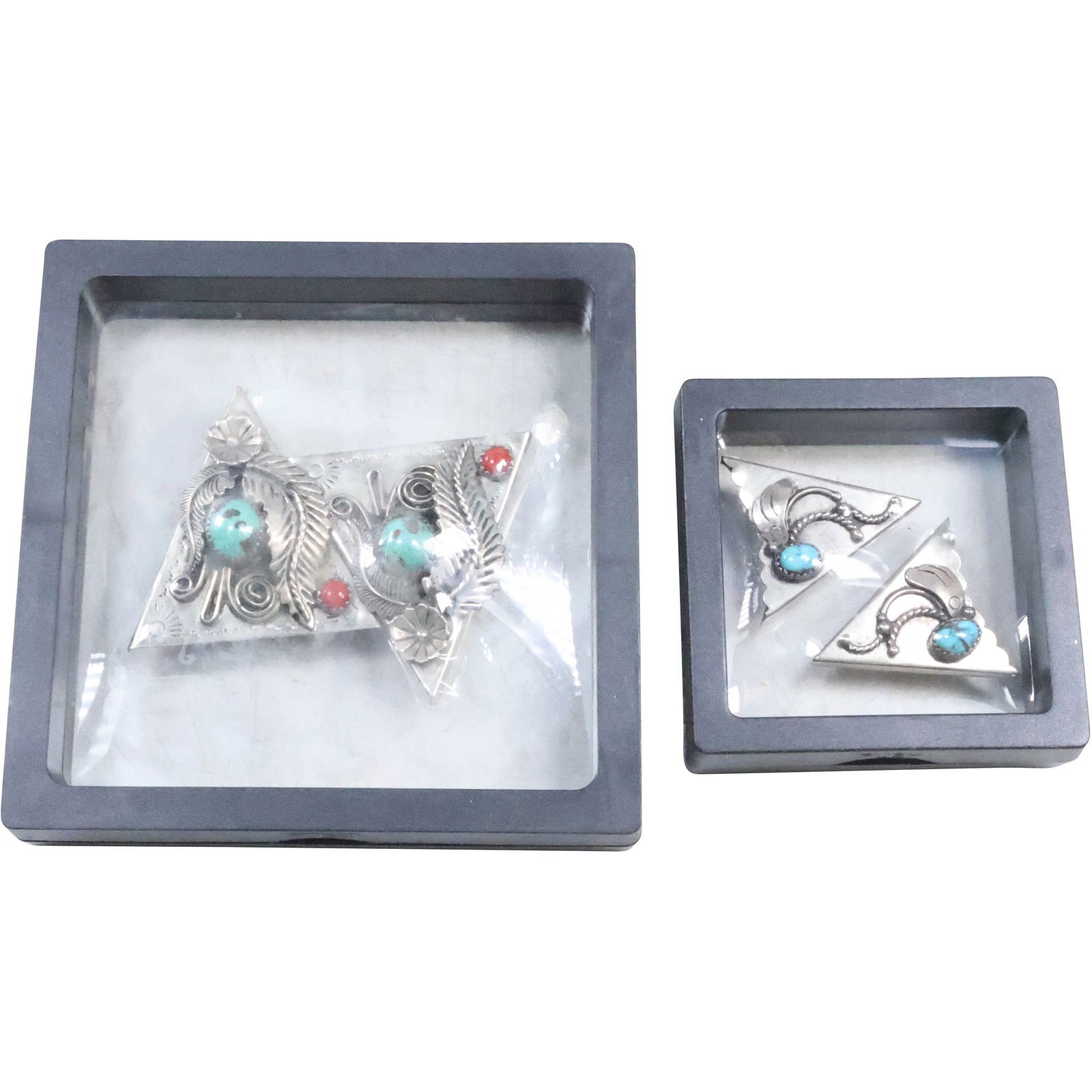 Two Sets of Native American Sterling Silver Turquoise Collar Clips in Different Sizes (1 of 15)