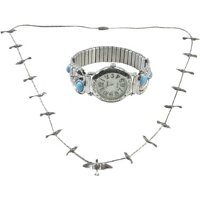 Native American Indian Necklace with Sterling Perched Birds and Xanadu Watch with Turquoise Stones