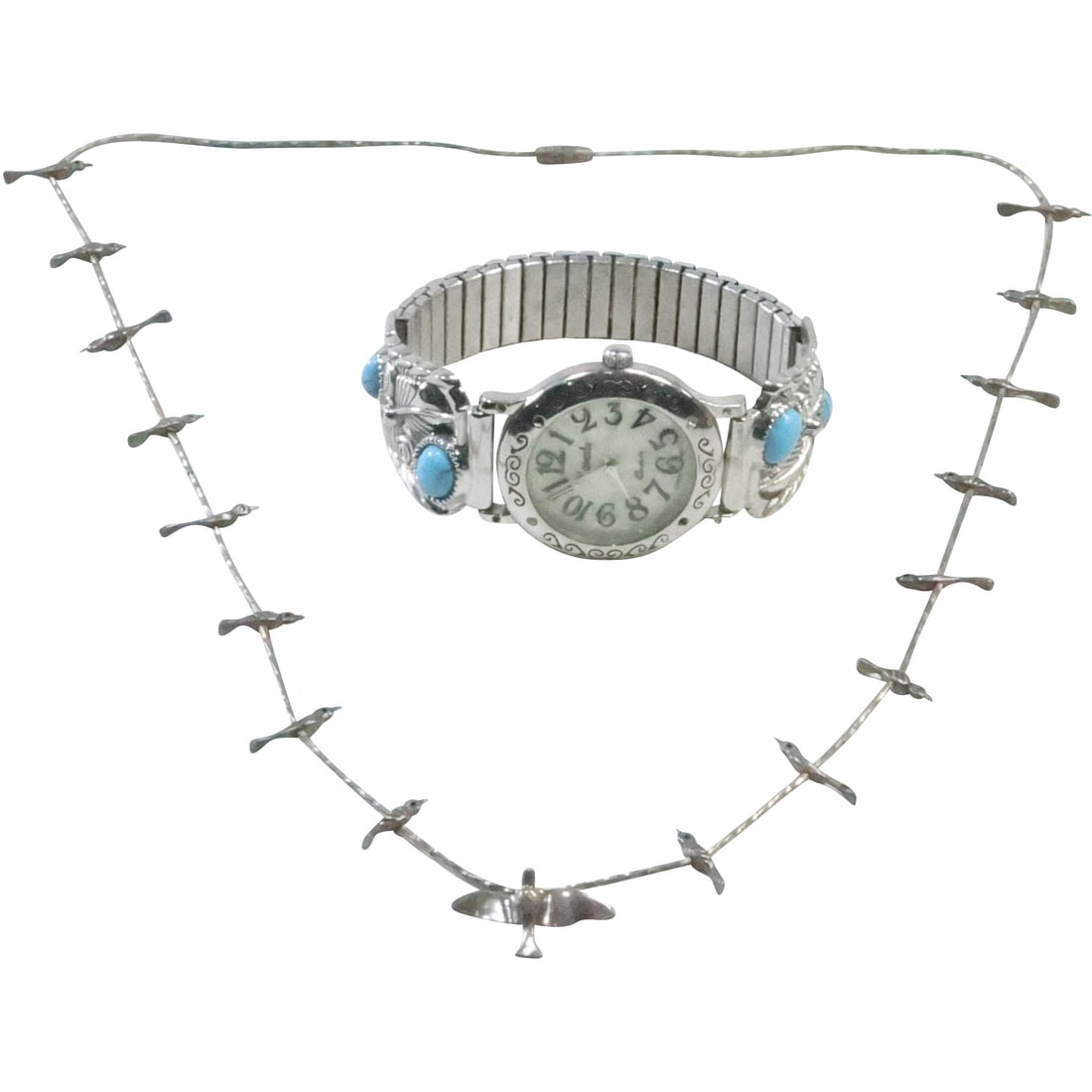 Native American Indian Necklace with Sterling Perched Birds and Xanadu Watch with Turquoise Stones (1 of 20)