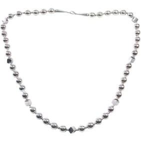 Large Heavy Sterling Silver Spheres, Square, & Cone Shape Beaded Necklace