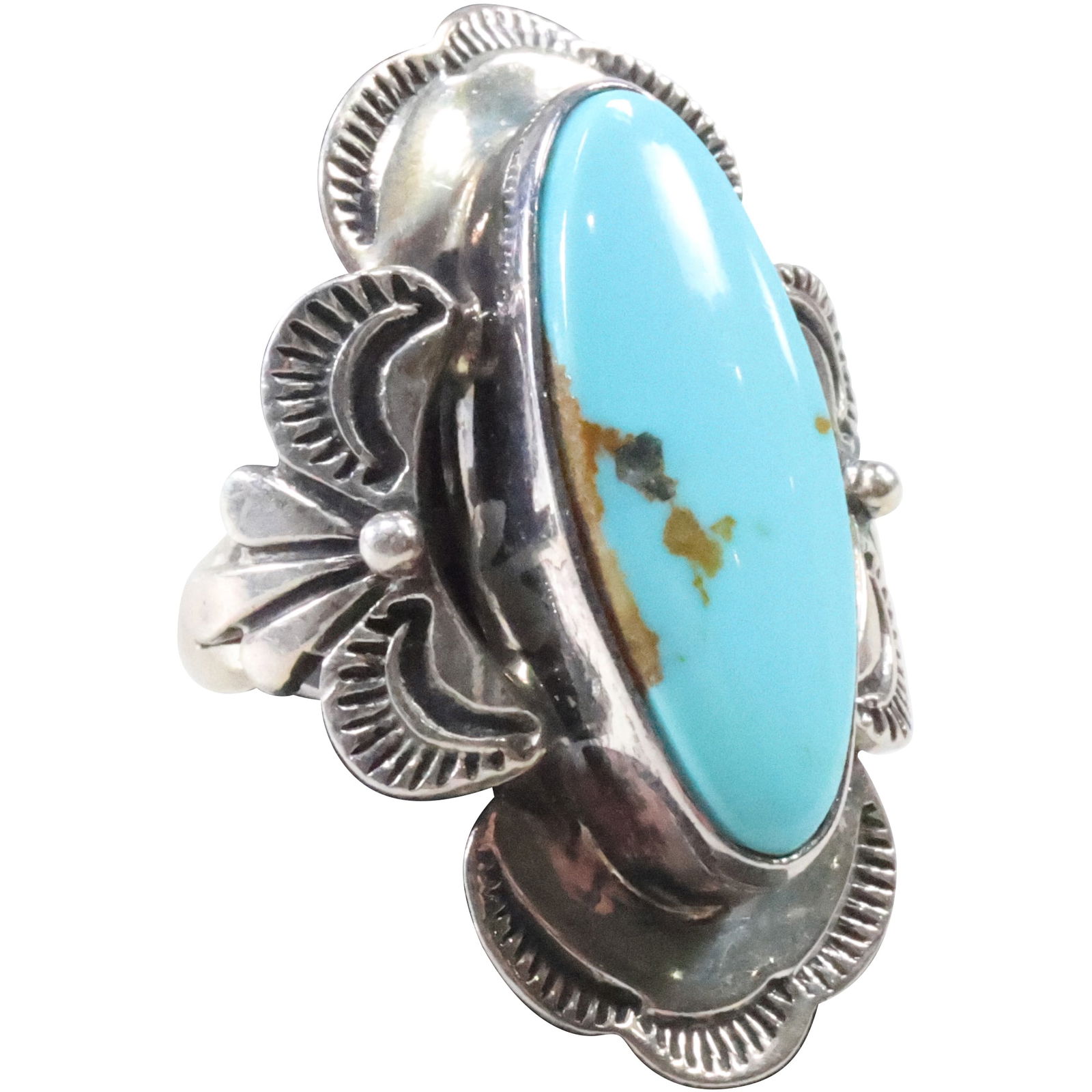 Native American Indian Sterling Silver Ring with Elongated Turquoise Stone and Floral Design (1 of 12)