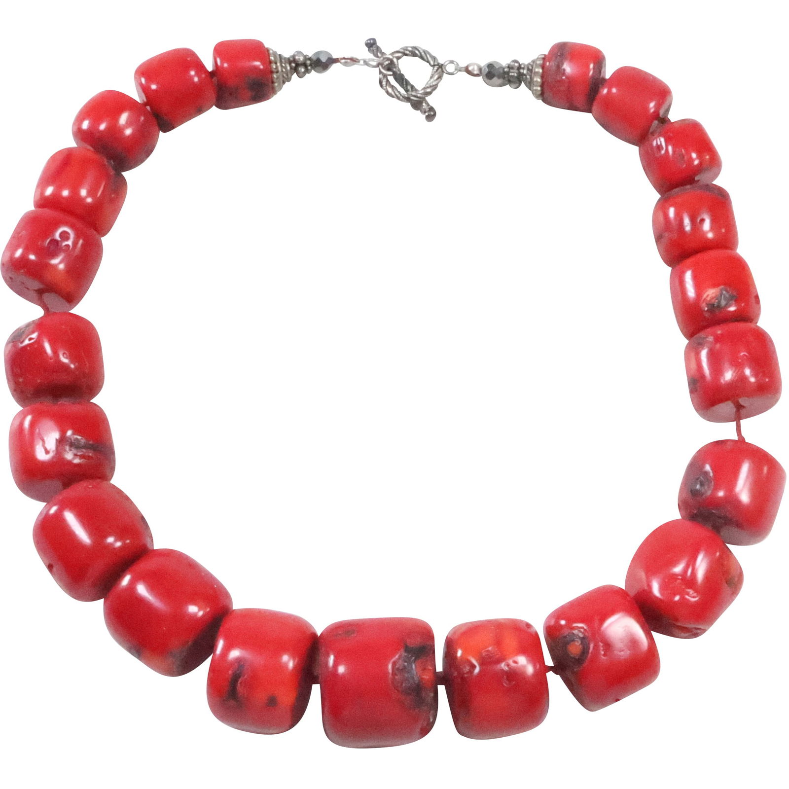 Chunky Dyed Red Coral Beaded Necklace with Sterling Toggle Closure (1 of 14)