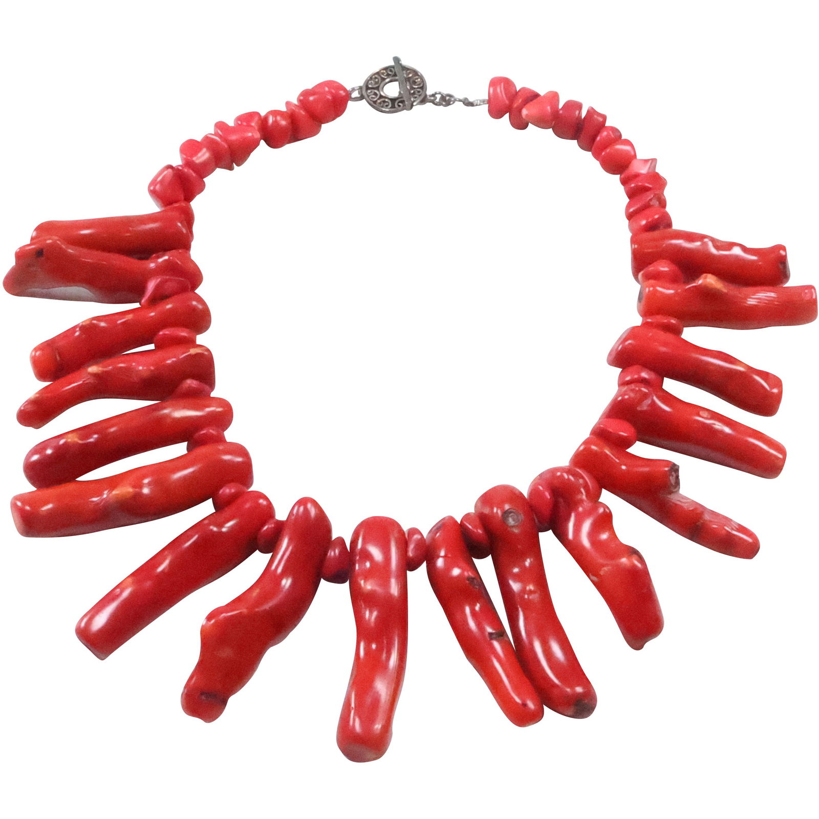 Chunky Elongated Red Dyed Coral Beaded Necklace with Sterling Toggle Closure (1 of 20)