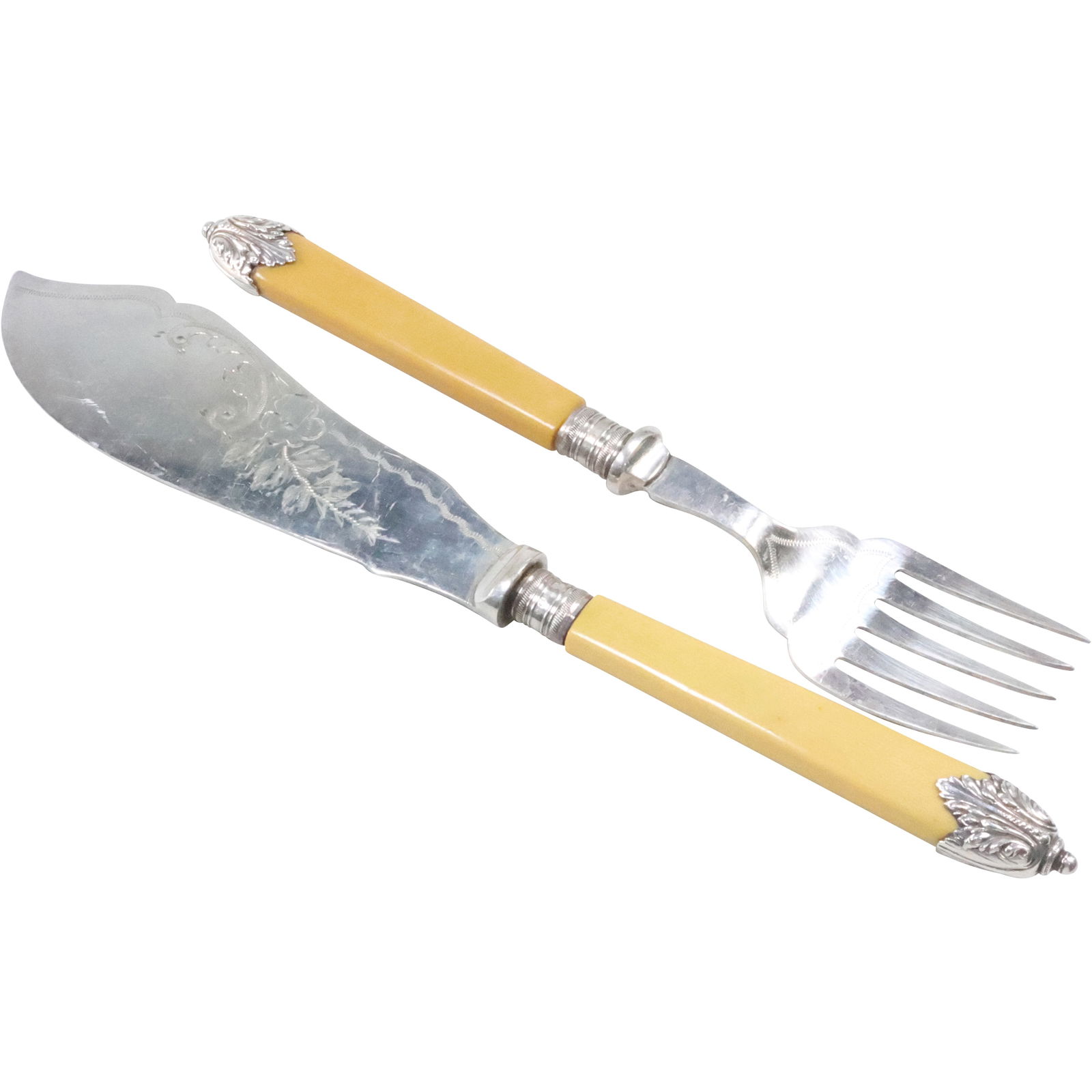 [2] Antique Serving Utensils C.B. Hallmarks Serving Fork & Serving Knife, Bone Handles: [2] Antique Serving Utensils C.B. Hallmarks [lion looking left] Serving Fork 9 3/4 in. x 1 3/4 in. & Serving Knife 11 3/4 in. x 2 in., Bone Handles