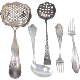 5  Assorted Sterling Silver [2] Straining Spoons, Sterling Side Spoon, [2] Sterling Forks 93.3 grams