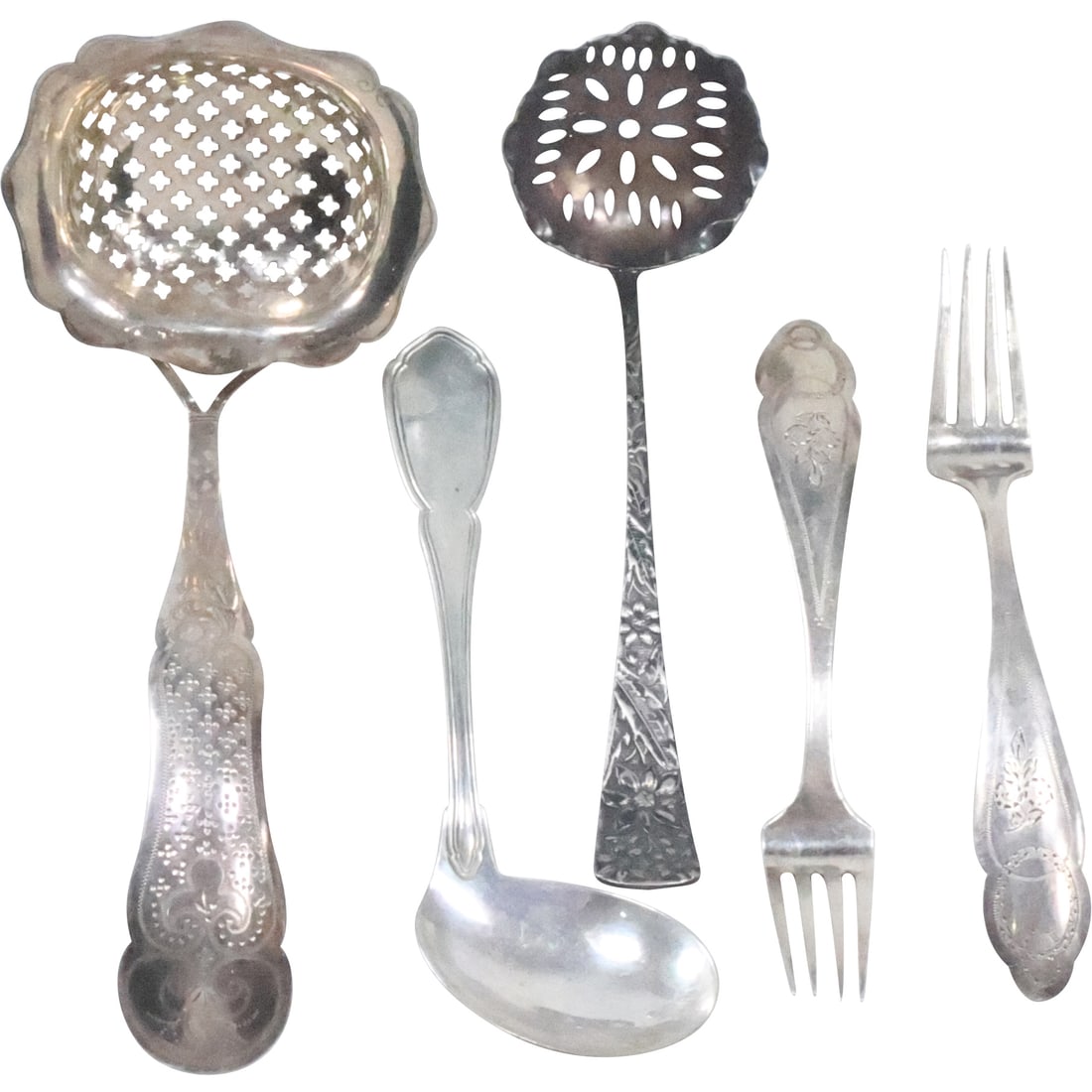 5  Assorted Sterling Silver [2] Straining Spoons, Sterling Side Spoon, [2] Sterling Forks 93.3 grams (1 of 20)