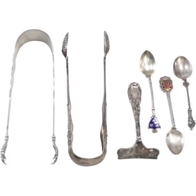 6 Assorted Sterling Silver Utensils: Lg. Sterling Tongs, Sm. Sterling Tongs, Sterling Food Pusher,