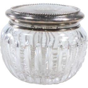 Sterling Silver Covered Top Cut Glass Dresser Jar 3 1/4 in. height x 3 1/2 in. diameter
