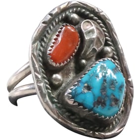 Native American Indian Navajo Ring with Turquoise and Coral Ring Size 12.5 ;1 3/8 in. x 1 in.
