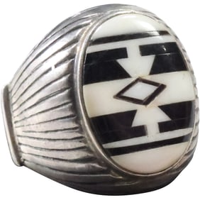UC Zuni Inlaid Sterling Silver with Black Onyx and Coral Ring Size 13,  1 in. x 1 in.