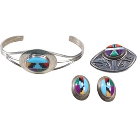 Sterling Silver "J" JASON LIVINGSTON Navajo Cuff Bracelet with Malachite, Amethyst, Howlite,