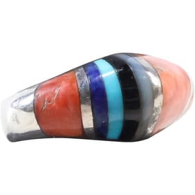 Cramby? 1938 Zuni / Hopi Ring with Coral, Turquoise, Black Onyx and Lapis, Ring Size 8.5
