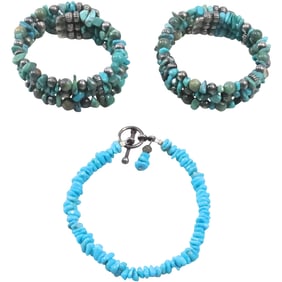 [3] Sterling and Turquoise Chips Bracelet; Wire Bracelet; Sterling Toggle Turquoise Chips Bracelet