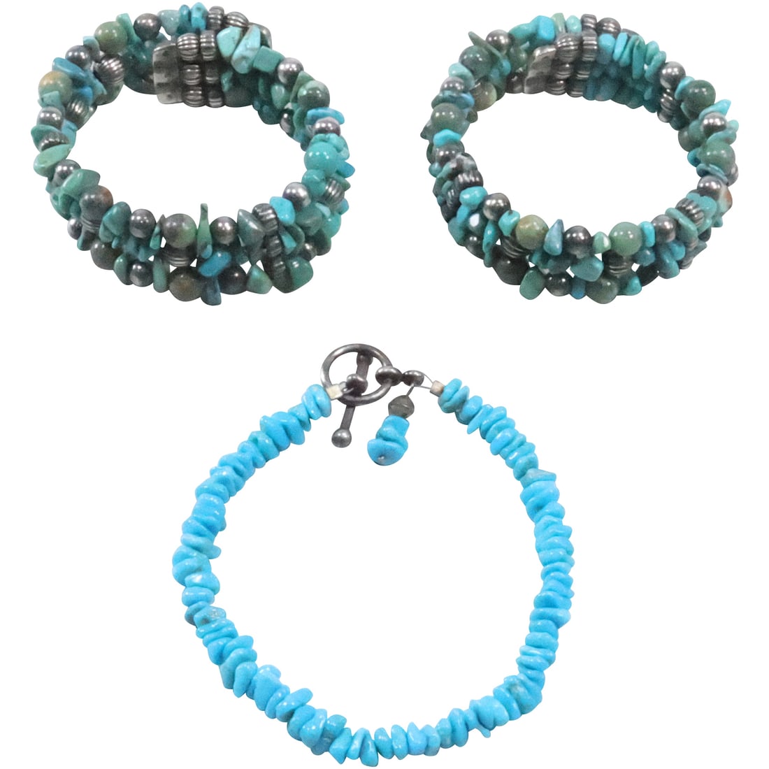 [3] Sterling and Turquoise Chips Bracelet; Wire Bracelet; Sterling Toggle Turquoise Chips Bracelet (1 of 16)
