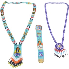 [3] Native American Indian Beaded Necklace of Indians & Feathers, Matching Bracelet Beaded