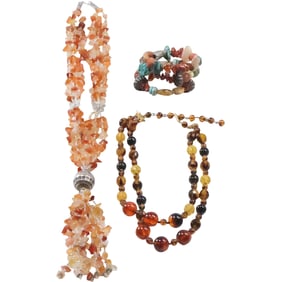 [3] 2-Strand Amber Color Bead Necklace; 3-Strand Amber Chip Necklace with Silver Bail Tassel;