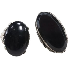 [2] Sterling Silver Rings with Feather Motif with Large Black Onyx Stones size 6 and size 4