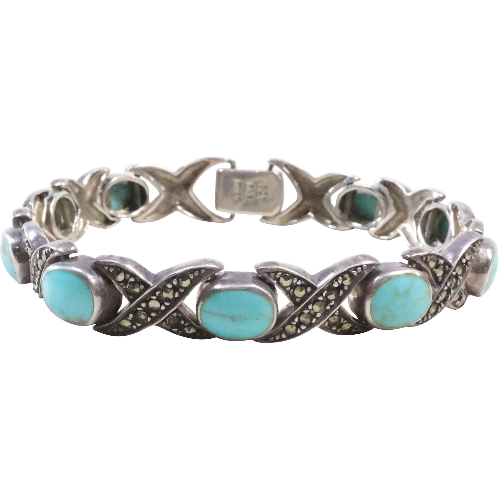 Sterling Silver Turquoise and Marcasites Bracelet 7 1/2 in. x 1/4 in.: Sterling Silver Turquoise and Marcasites Bracelet 7 1/2 in. x 1/4 in.