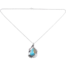 Native American Sterling Silver and Turquoise Pendant Necklace on .925 Sterling 18 in. Chain