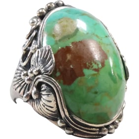 Signed NK .925 Sterling Silver Navajo Ring with Leaf Design Sides, Framed Turquoise Stone size 8.75