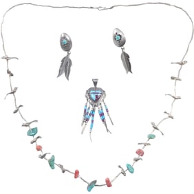 PAIR Navajo Oval Earrings with Turquoise & Feather Fringe; Sterling Silver Zuni Heart Pendant