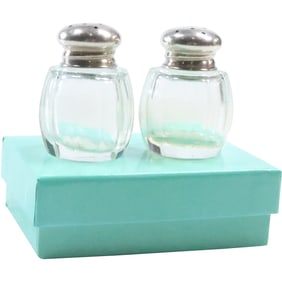 Pair Sterling Silver Top Glass Salt and Pepper Shakers, marked Tchecoslovaquie, 1 5/8 in. x 1 in.