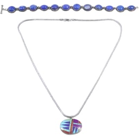 .925 Sterling Silver with Lapis, Amethyst, Turquoise, Coral Black Onyx Zuni Pendant Necklace
