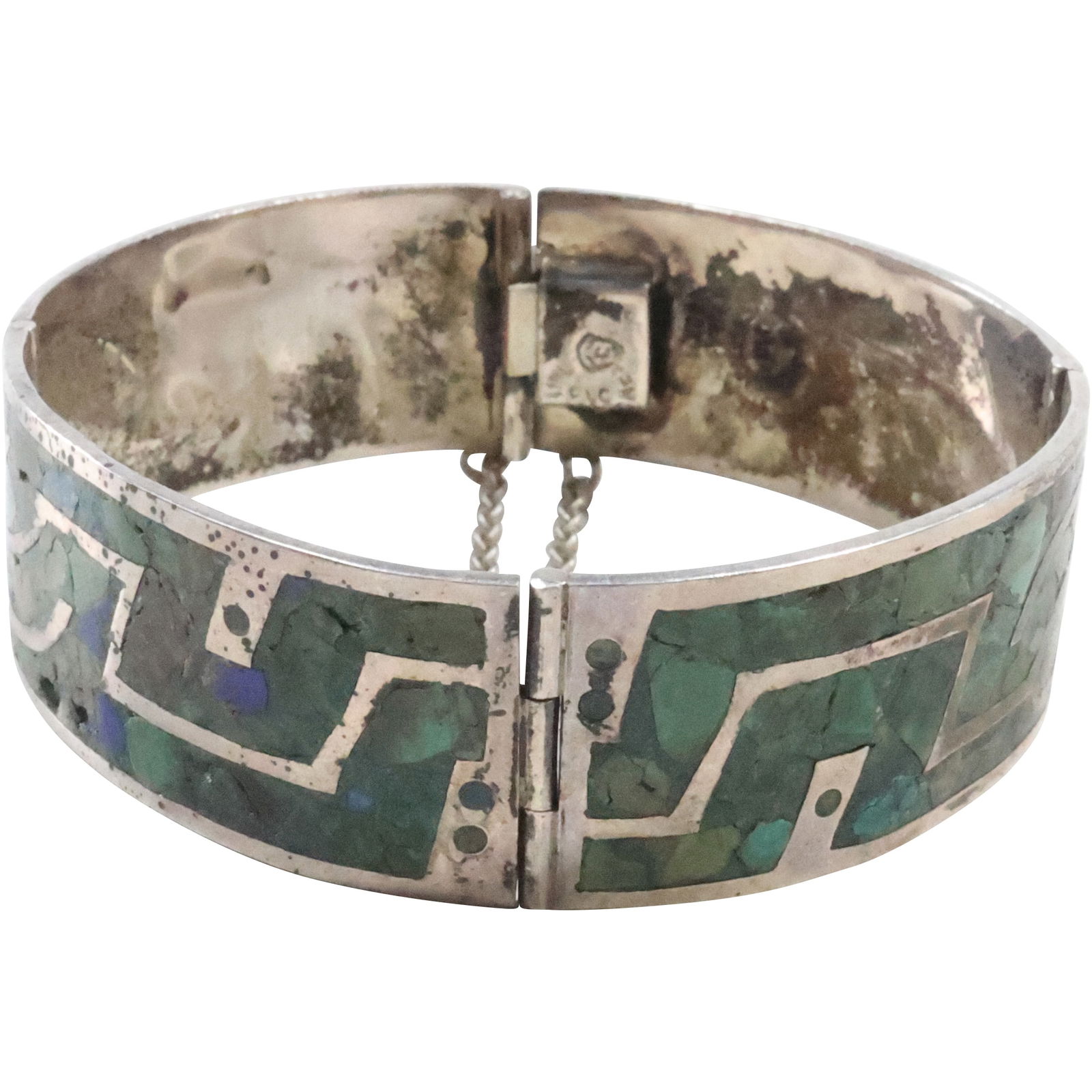 Mexico Sterling Silver .925 FLC 4-Panel Bracelet Turquoise and Lapis Chips Inlaid Bracelet (1 of 15)
