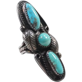 Sterling Silver with Turquoise Large Long Feather Motif Ring Size 6.5, 7/8 in. x 2 1/8 in.
