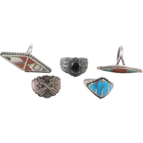5 Assorted Native American Rings: .925 Sterling with Turquoise size 7.5; Sterling Turquoise Coral