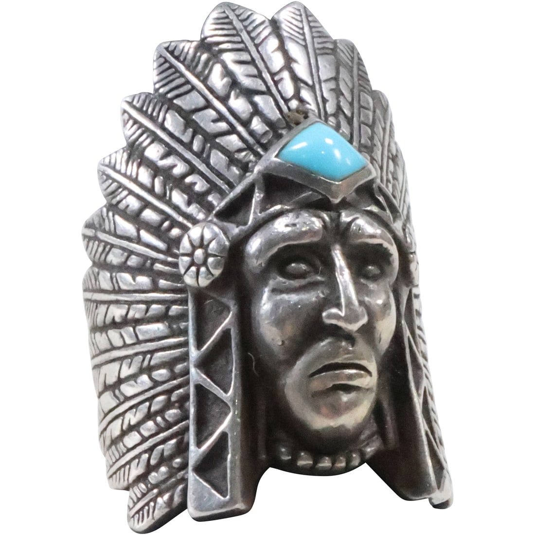 Sterling Silver American Indian Chief Full Headdress Accented Turquoise Ring Size 7.5 (1 of 14)