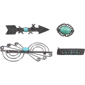 4 Assorted Sterling Silver Pins: Israel .935 with Jade small Pin; Sterling Arrow with Turquoise;